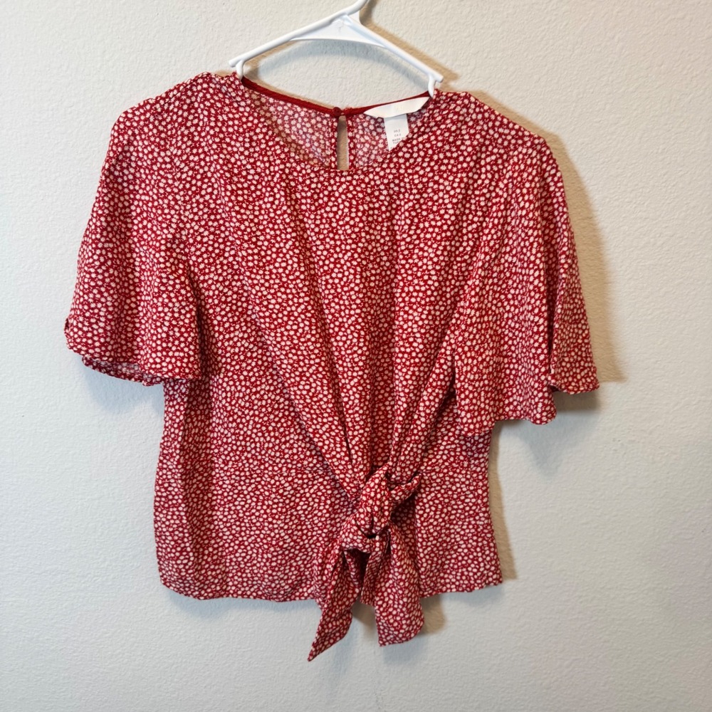 H&M Red‎ White Floral Print Tie Front Flutter Sleeve Blouse Top Women US 2